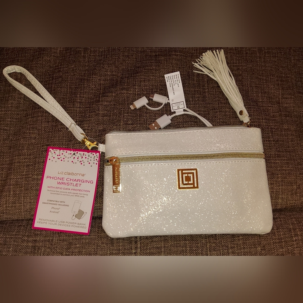 New Liz Claiborne Shimmering White Wristlet with USB/Phone Charging.